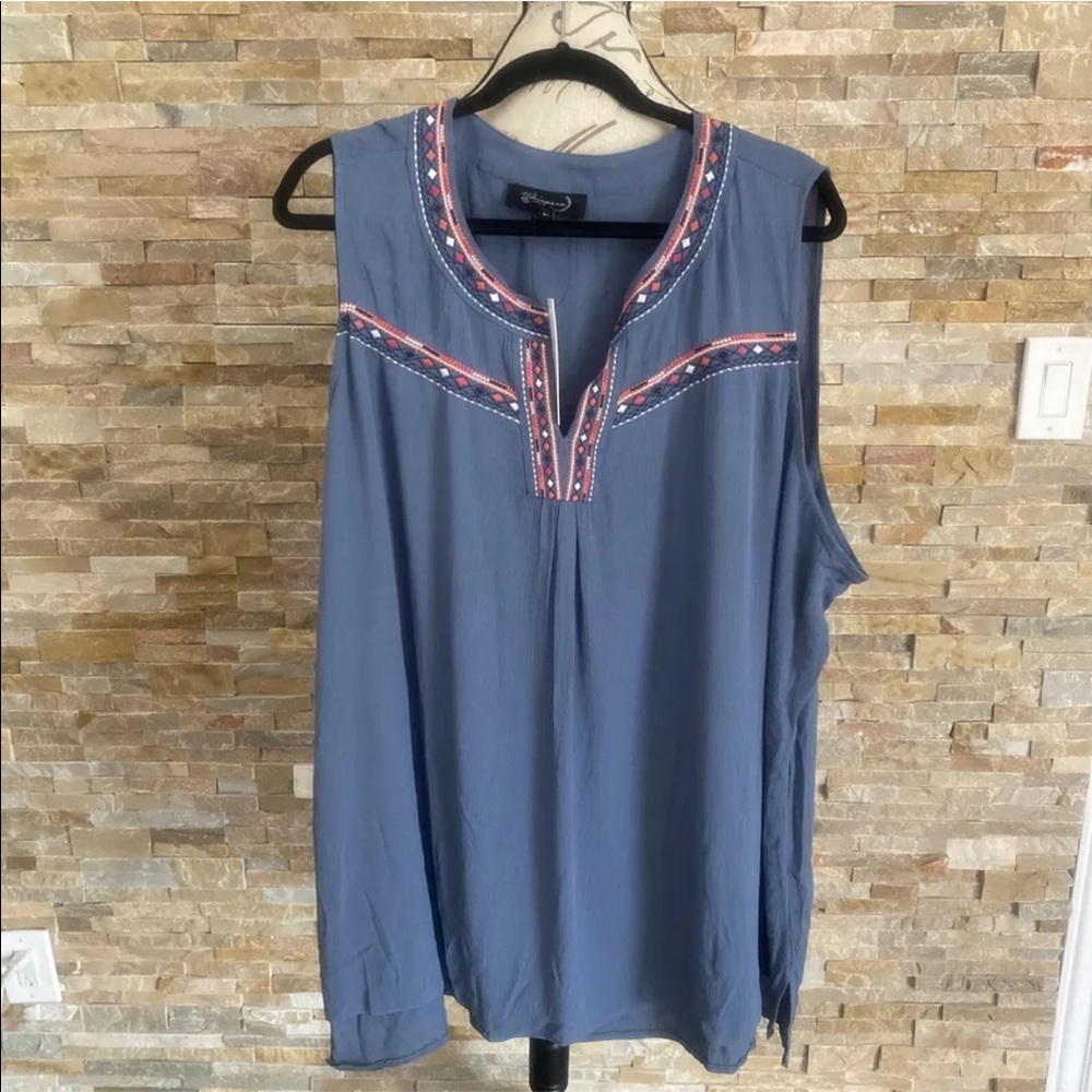 Whispers New York Women’s Plus Blue V-Neck  Blouse With Embroidered